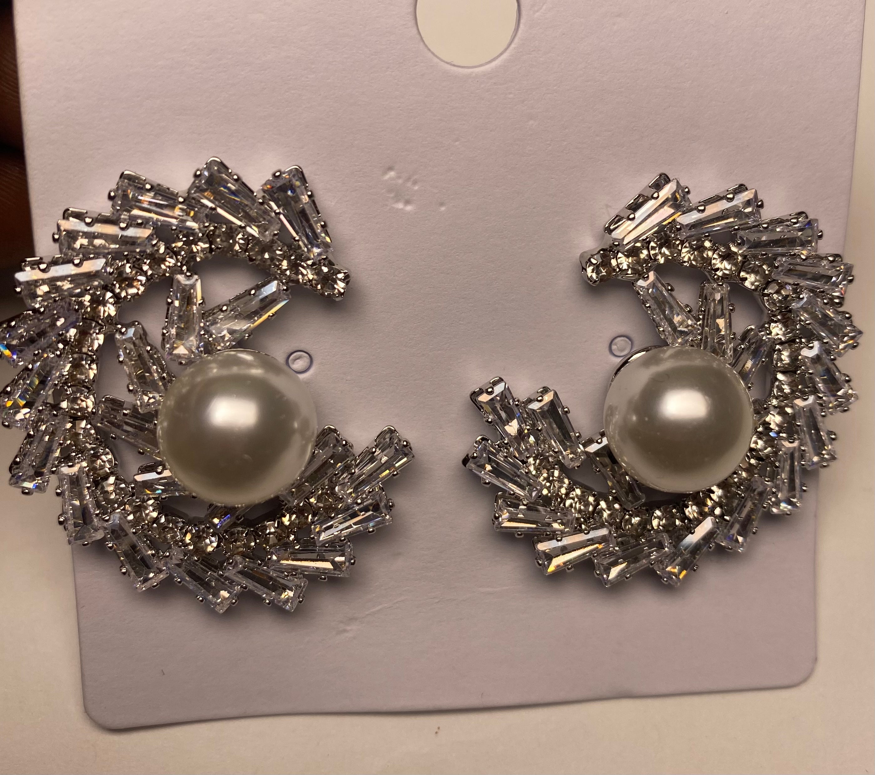 Elegant Silver Crescent shaped Bridal Earrings with Crystals and Pearl
